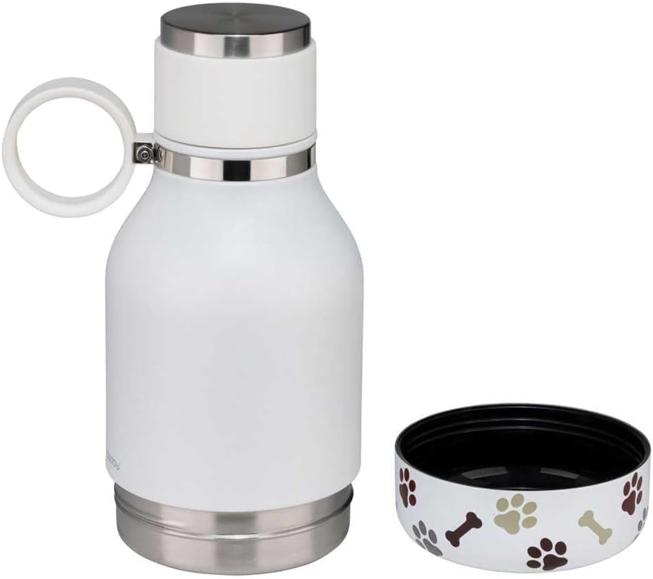 Buddy Bottle, a Stainless Steel Insulated Water Bottle with Removable Dog Water Bowl and Dog Food and Treat Storage Plate (White, 37 Oz Water Bottle with 2 Bowls)