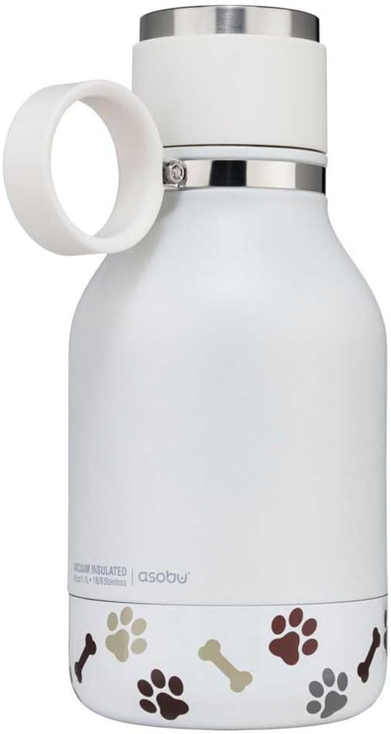 Buddy Bottle, a Stainless Steel Insulated Water Bottle with Removable Dog Water Bowl and Dog Food and Treat Storage Plate (White, 37 Oz Water Bottle with 2 Bowls)