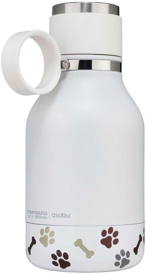 Buddy Bottle, a Stainless Steel Insulated Water Bottle with Removable Dog Water Bowl and Dog Food and Treat Storage Plate (White, 37 Oz Water Bottle with 2 Bowls)